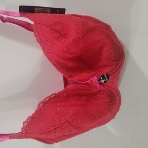 Gossard Neon Pink Rose Red Super Boost Lace Padded Plunge Bra Size 34I/34G NEW!